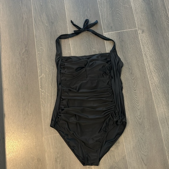 Halter One Piece Ruching Tummy Control Retro Bathing Suit, Black, Women Size XL - Picture 3 of 14